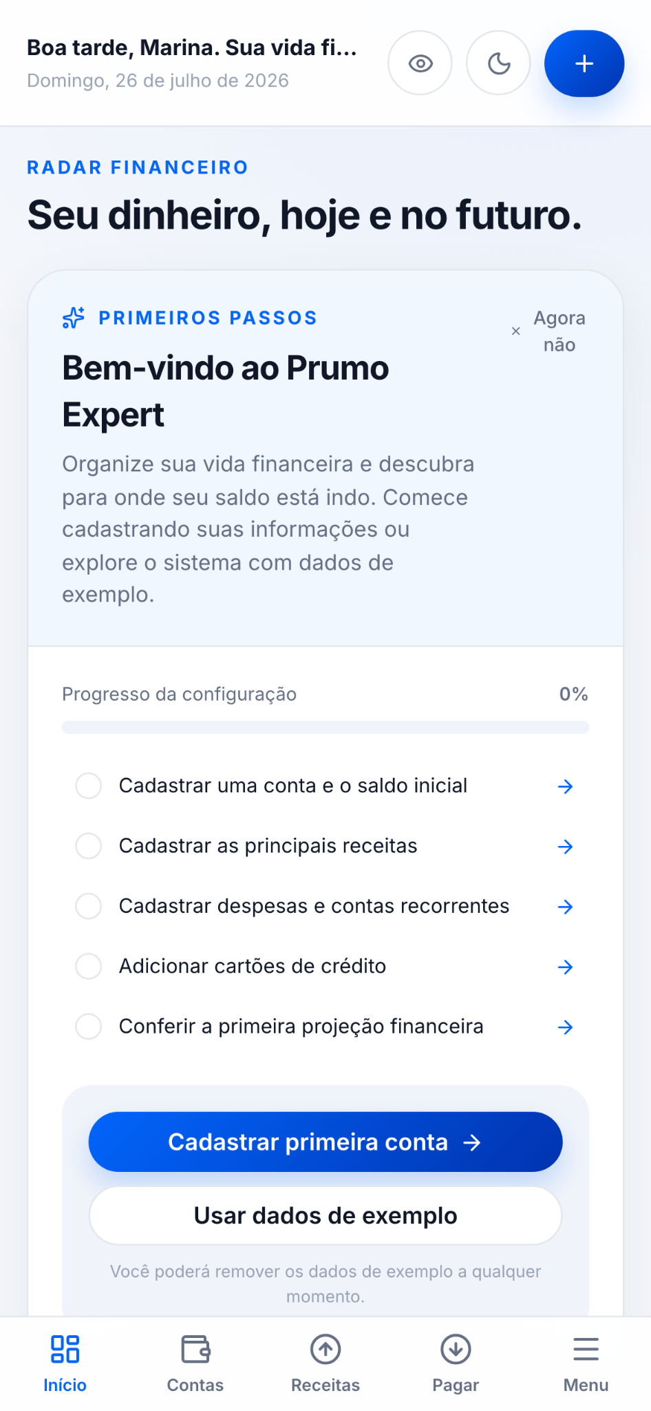 Onboarding do Prumo Expert no iPhone